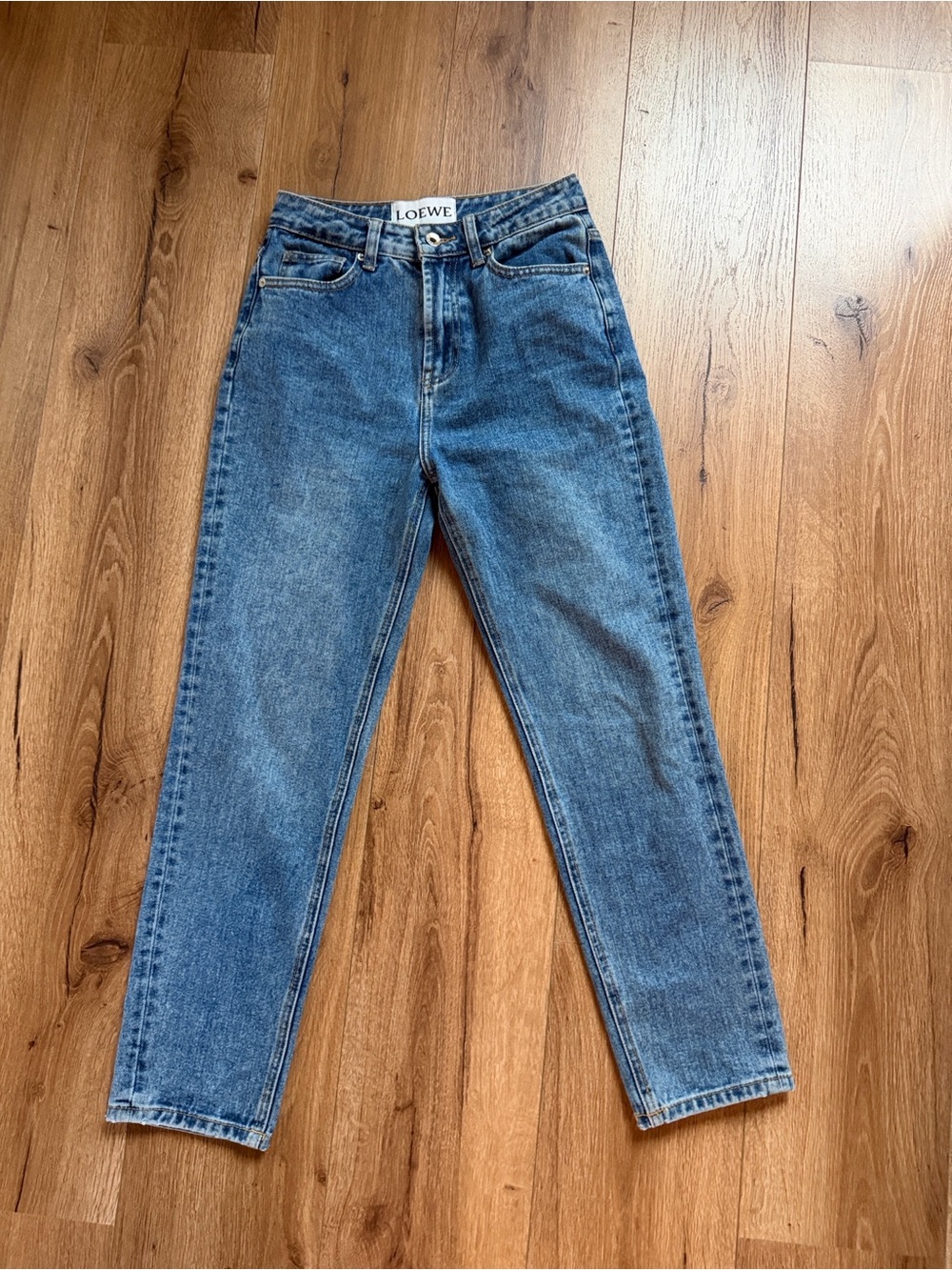Loewe Medium Blue Straight-Leg Jeans with Tan Leather Patch - Picture 14 of 16